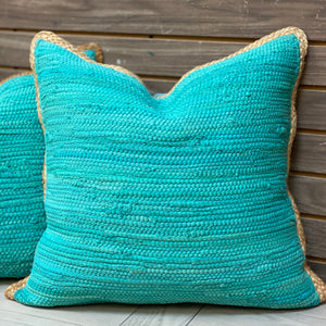 Jute Trim Turquoise Down Pillow
